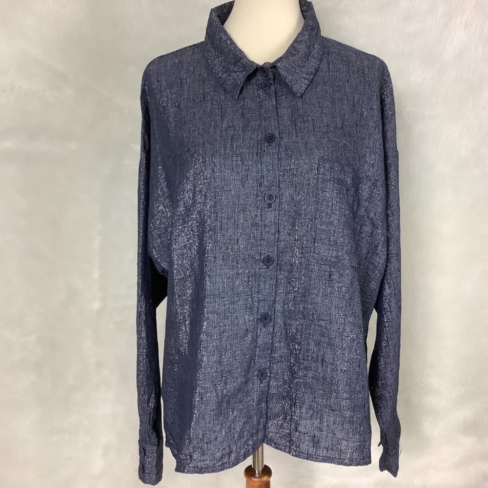 Flax Metallic Silver & Blue Long Sleeve Linen Cotton Blend Theo Shirt L